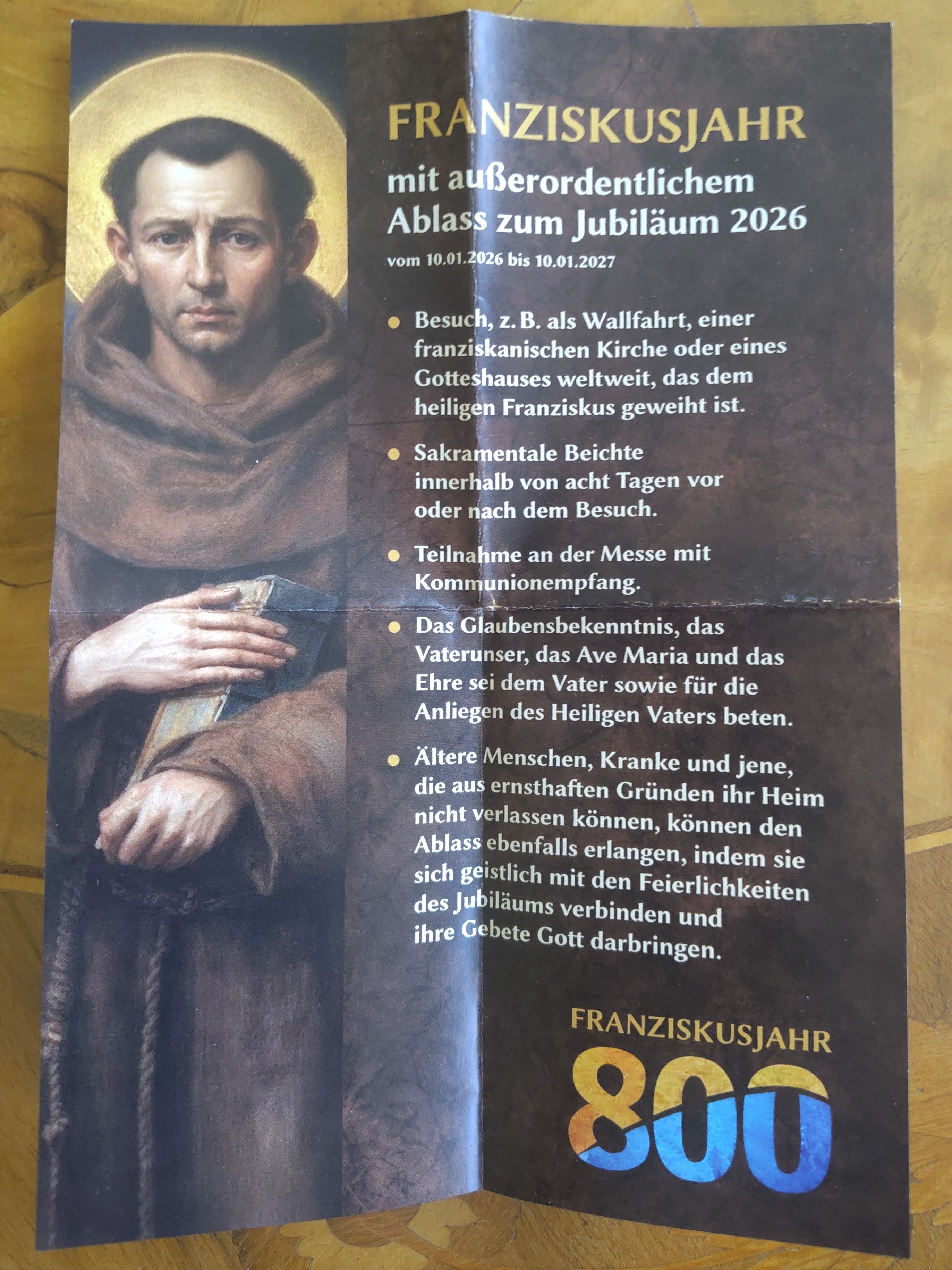 Franziskusjahr mit ausserordentlichem Ablass, vom 10.01.2026 bis 10.01.2027 Franziskusjahr mit ausserordentlichem Ablass, vom 10.01.2026 bis 10.01.2027
